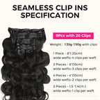 Lashey Hair Extensions Seamless Clip in Human Hair, Body Wave 150g 9pcs Natural Black 20 Inch 100% Real Human Hair Clip in Hair Extensions with Soft PU Skin Weft for Women