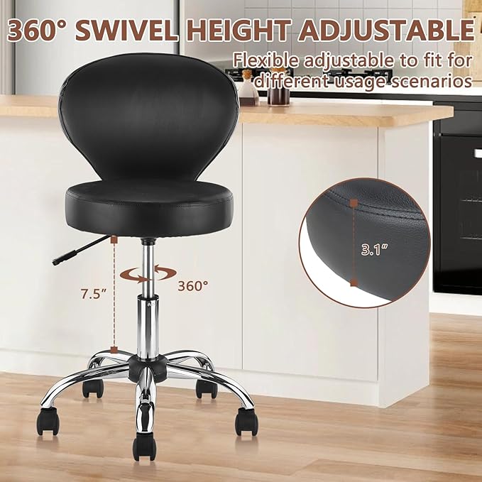 Set of 2 PVC Faux Leather Rolling Swivel Salon Stool Chair with Wheel Back Lumbar Support Seat Height 22 in Diameter 15 Inch Adjustable Hydraulic Chair for Beauty Barber Manicure Lash 2 Pack