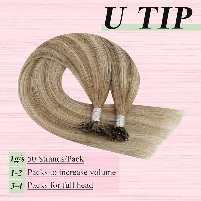 YoungSee Human Hair U Tip Hair Extensions Ombre Utip Remy Hair Extension Balayage Light Brown Ombre Blonde U Tips Human Hair Extensions Straight U Tip Keratin Hair Extension for Short Hair 50s/50g