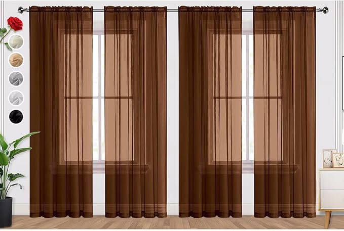 SpaceDresser Brown Sheer Curtains 4 Panels Rod Pocket Semi-Sheer Curtain 63 by SpaceDresser