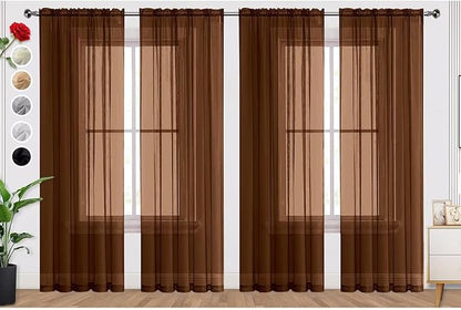 SpaceDresser Brown Sheer Curtains 4 Panels Rod Pocket Semi-Sheer Curtain 63 by SpaceDresser
