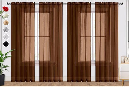 SpaceDresser Brown Sheer Curtains 4 Panels Rod Pocket Semi-Sheer Curtain 45 by SpaceDresser