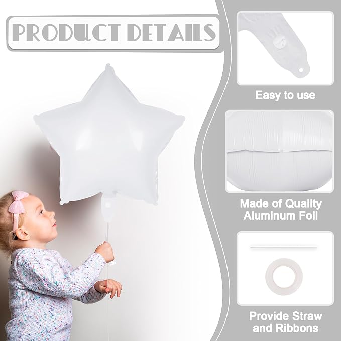 20 Pcs Star Balloons, 18 Inch White Star Foil Balloons, Stars Shaped Balloon - Image 5