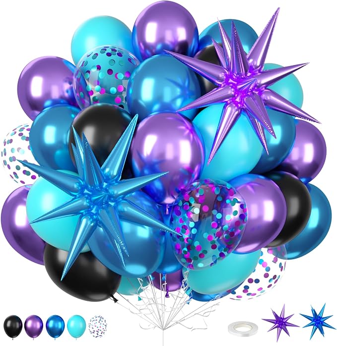 Galaxy Outer Space Balloons, 12 Inch Metallic Blue Purple Balloons by FunHot