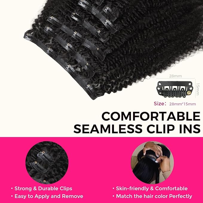 Lashey Seamless Clip in Hair Extensions Human Hair 110g 7pcs Afro Kinky Curly Human Hair Clip in Extensions 24 Inch Natural Black Hair Extensions Real Human Hair