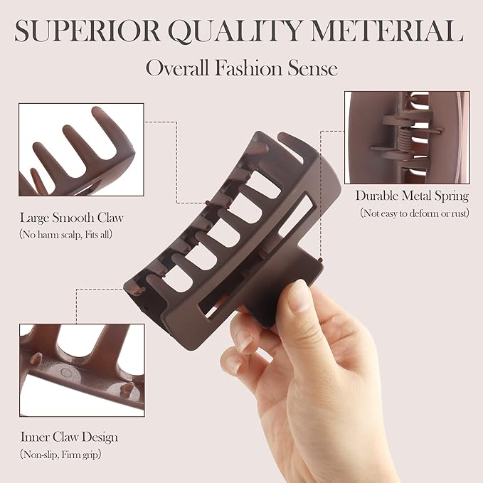 Large Nonslip Matte Neutral Claw Hair Clips for Thick, Thin or Curly Hair - 8 Strong Hold Jumbo 4.1 Inch Jaw Clips for Women and Girls