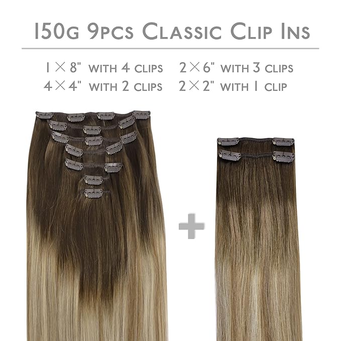 WENNALIFE Clip in Hair Extensions, 150g 16 Inch 9pcs Ombre Walnut Brown to Ash Brown and Bleach Blonde Human Hair Extensions Thicker Clip in Hair Extensions Real Human Hair Clip Set Double Weft
