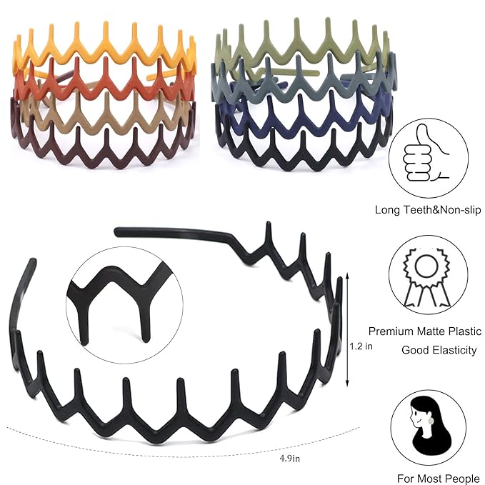 LAPOHI 8 PCS Non Slip Fashion Effortless Plastic Headbands with Teeth Comb Skinny Hair Accessories Bands for Women Men Teen Girls, Comb Teeth Morandi