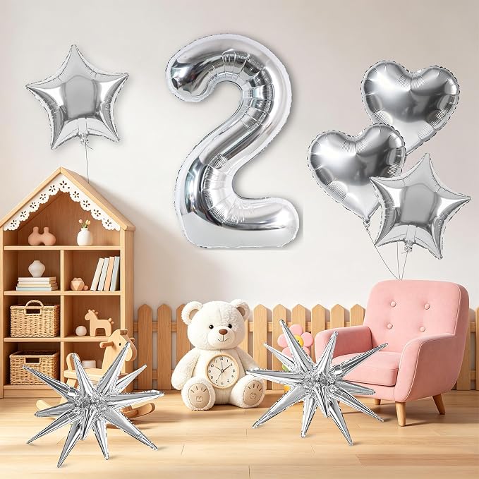 TONIFUL 2nd Birthday Balloons Kit 40Inch Silver Large Number 2 Foil Balloon | - Image 4