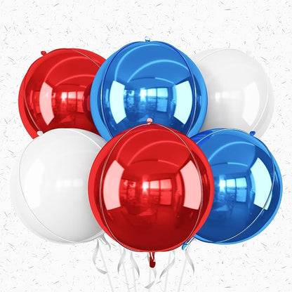 6Pcs Red Blue White Round Foil Balloons, Giant 4D Round Ball Balloons, 22 Inch by Adorely