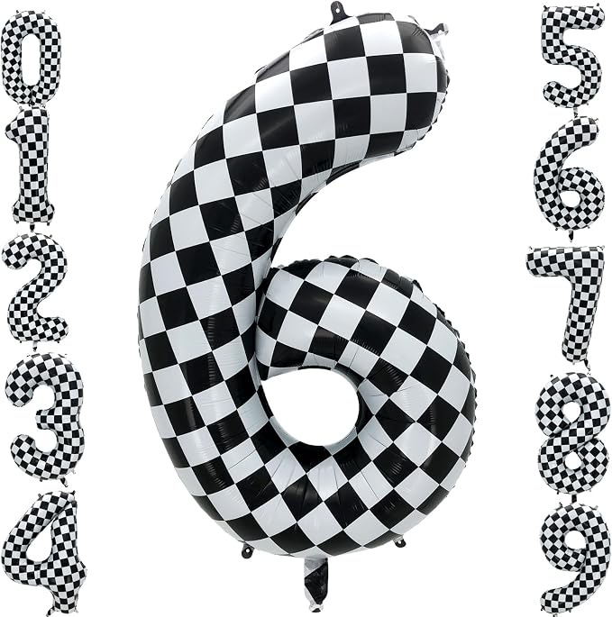 42 Inch Checkered Number Balloon 6, 6th Race Car Flag Birthday Party Supplies by Eoopoon