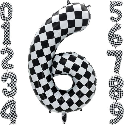 42 Inch Checkered Number Balloon 6, 6th Race Car Flag Birthday Party Supplies by Eoopoon