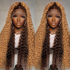 Drawstring Wig Human Hair Honey Blonde 360 Lace Front Wigs Human Hair Invisi Strap Ombre Deep Wave Lace Front Wigs 360 HD Full Lace Frontal Glueless Wigs Hidden Strap Ombre Deep Curly Wig