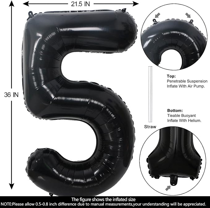 40 Inch Black Number 5 Balloons Helium Giant Black 5 Balloons - Image 2