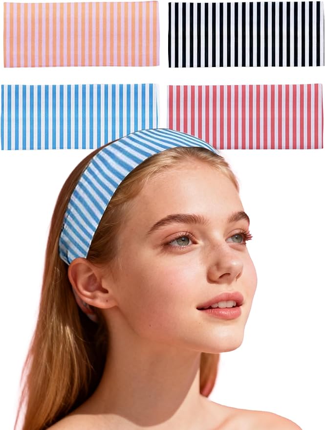 4 Pack Wide Striped Headbands for Women Non Slip Soft Cloth Fabric Headbands Hair Accessory Wear for Yoga Fashion Running Sports