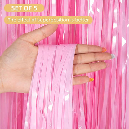 5 Pack Pink Foil Curtain Backdrop 3.2ft x 8.2ft Tinsel Foil Fringe Curtains - Image 2