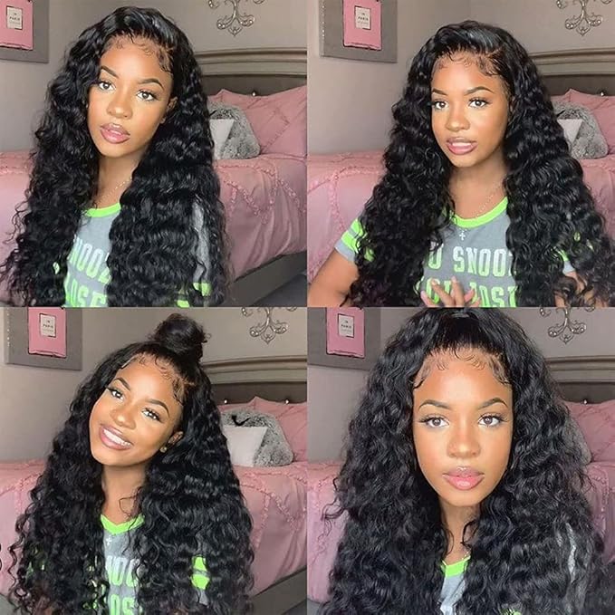 Lace Front Human Hair Wigs - Brazilian Virgin Water Wave Curly 4X4 Closure Wig for Black Women, 180% Density, Natural Color With Baby Hair (20 Inch)
