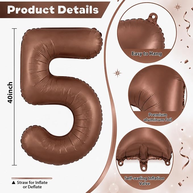 Dark Brown Number Balloon 5, 40 Inch Large Self Inflating 5 Foil Number - Image 2
