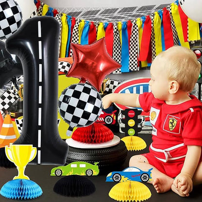 TONIFUL 40 Inch Race Car 1st Birthday Balloons Racetrack Number 1 Black White - Image 5