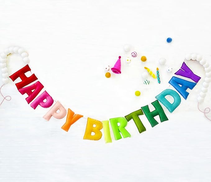 Pre-Strung Happy Birthday Banner, Felt Ball Garland HAPPY BIRTHDAY Garland | 3D by Unknown