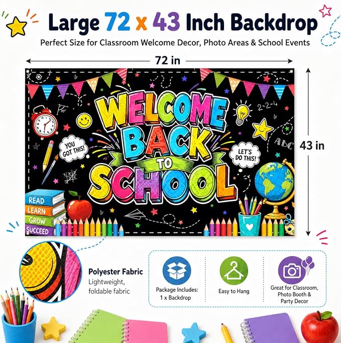 Welcome Back to School Backdrop 72x43 Inch Polyester Fabric, Colorful - Image 2
