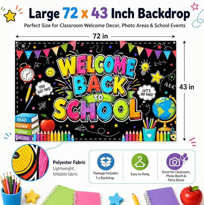 Welcome Back to School Backdrop 72x43 Inch Polyester Fabric, Colorful - Image 2