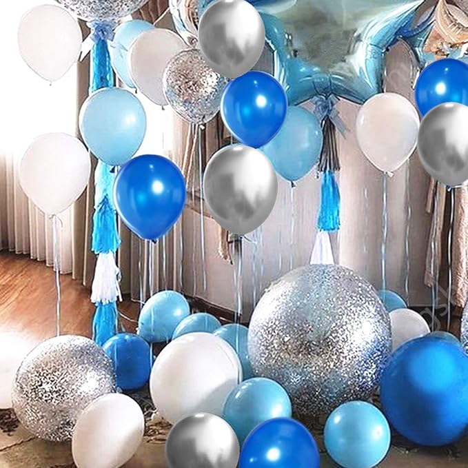 62pcs Blue Silver White Confetti Balloons Kit, 12 Inch White Royal Blue - Image 3
