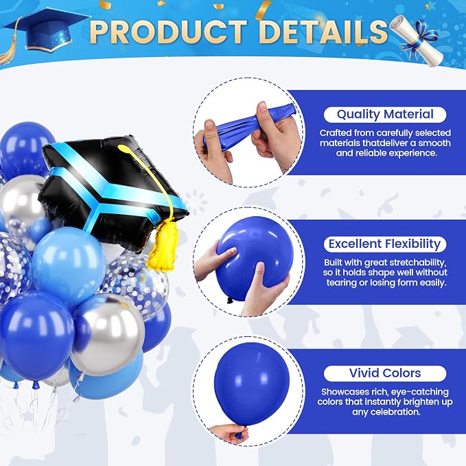 Blue Silver Graduation Balloons, Royal Light Blue Silver White Confetti Balloons - Image 3