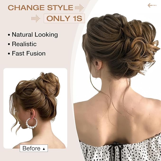 Messy Bun Hair Piece Wavy Curly Scrunchies Fluffy Donut Thick Updo Elegant Chignon Hairpieces for Women Girls, Silver Grey 1.4oz