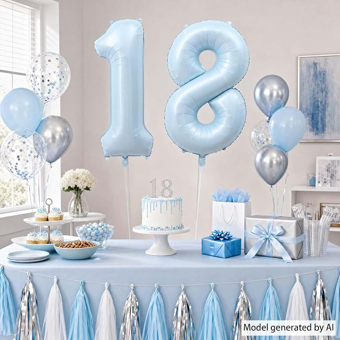 Baby Blue Number 18 Balloon 40 Inch, Sky Pastel Foil Digit Party Supplies | - Image 7