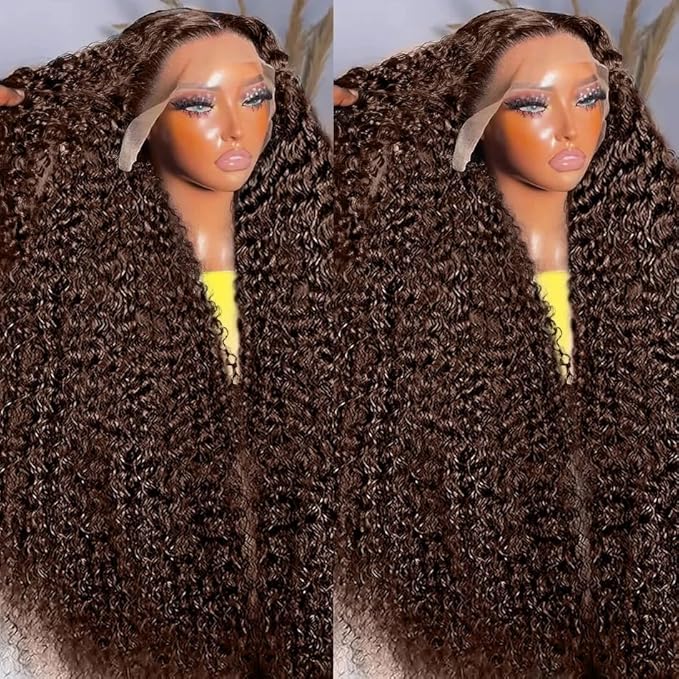 250% Density Curly Human Hair wig 13x6 Auburn Brown Mongolian Deep Transparent Lace Front Wigs for Women With Baby Hair Chocolate Curly Lace Front Wig 22 Inch