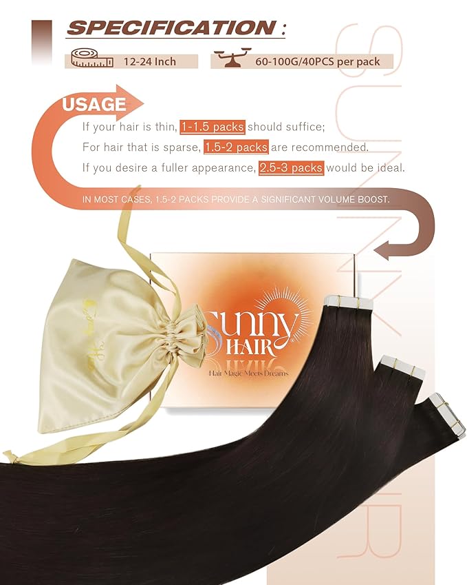 Sunny Hair Tape in Hair Extensions Human Hair 18inch Hair Extensions Real Human Hair Tape in Extensions for Women Darkest Brown Invisible Natural Straight Skin Weft Double Sided Tape 40pcs 100g
