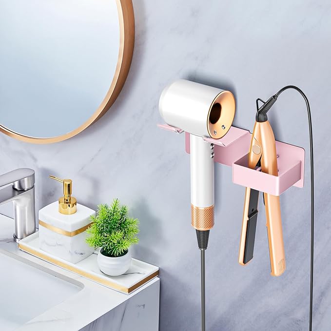 Hair Dryer Holder Wall Mounted, Hair Straightener Holder Metal, Adhesive Blow Dryer and Hair Straightener Holder, Bathroom Bedroom Hair Tool Organizer for Flat Iron,Curling Iron,Hairdryer