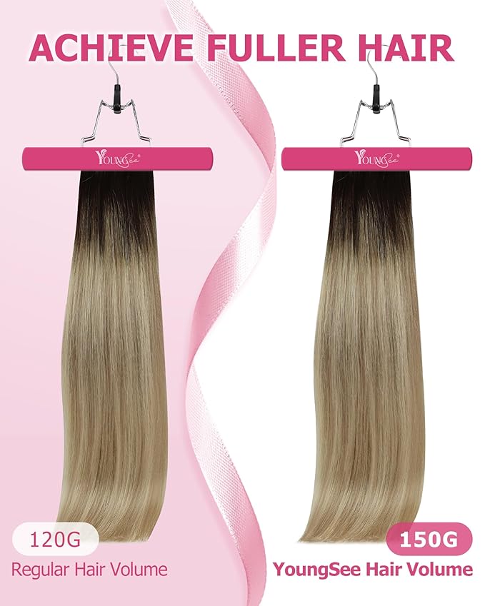 YoungSee Clip in Human Hair Extensions Ombre Real Human Hair Extensions Clip ins Medium Brown Ombre Golden Mix Platinum Blonde Balayage Clip on Hair Extension Ease of Use 14In 120G 7Pcs