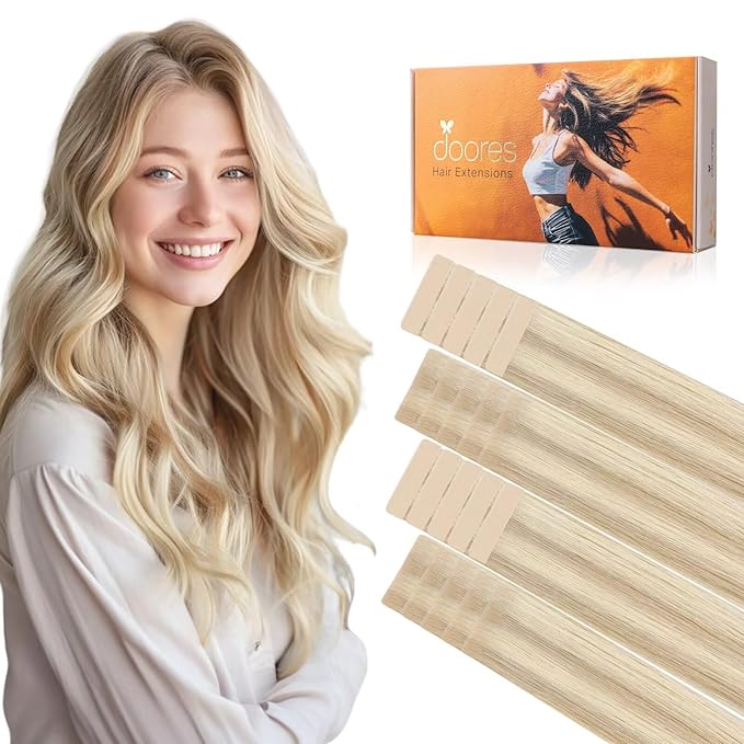 DOORES Invisi Edge Tape in Hair Extensions Human Hair, Dark Blonde Highlighted Bleach Blonde 10 Injection Tape-ins with 10 Classic Tape-ins 50g 18 Inch, Injected Tape in Extensions