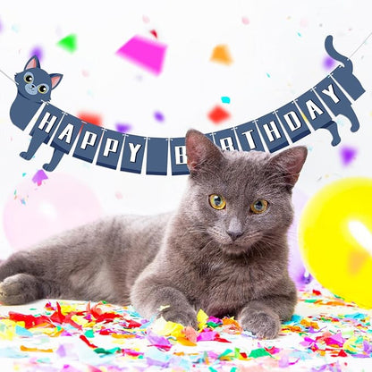 Cat Happy Birthday Banner Blue Cat Banner Bunting Flag Garland Birthday Party - Image 4