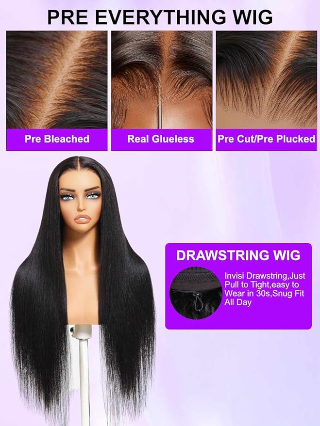YIROO No Slip 7x5 Bye Bye Knots Yaki Straight Lace Front Glueless Drawstring Wig Human Hair with Deep Stretch Cap Fits All Head Sizes,Pre-Plucked Pre-Cut Wear and Go Wig for Women 150% Density 16Inch