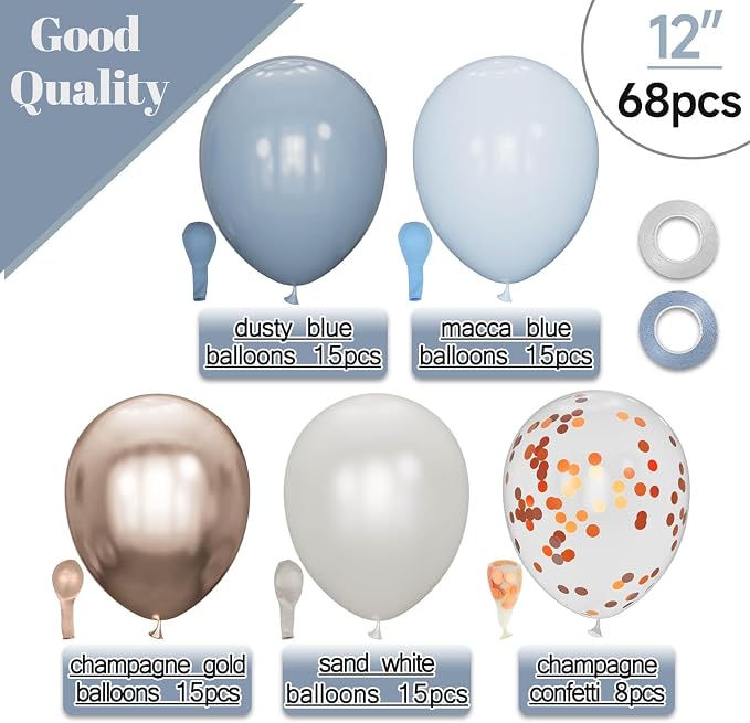 68Pcs Dusty Blue and Champagne Gold Balloons 12 Inch Sand White Pastel Baby - Image 2