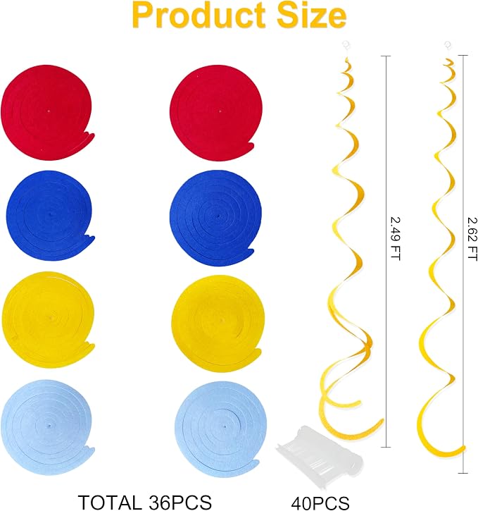36 Pcs Red Blue Yellow Hanging Swirl Decorations Colorful Felt Swirl Streamer - Image 2