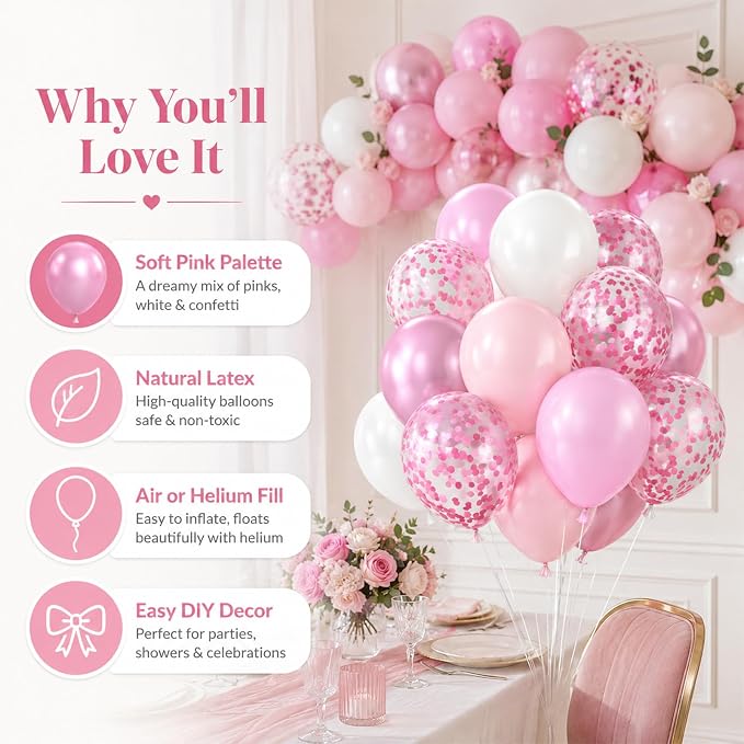 Biapian Pink & White Metallic Chrome Confetti Latex Balloons - Image 2