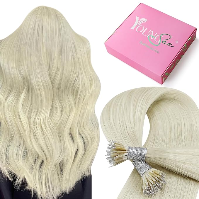 YoungSee Nano Ring Hair Extensions Human Hair Platinum Blonde Nano Bead Hair Extensions Human Hair Blonde Nano-Link Hair Extension Blonde Nanobead Extension Real Human Hair for Long 24inch 50s 50g