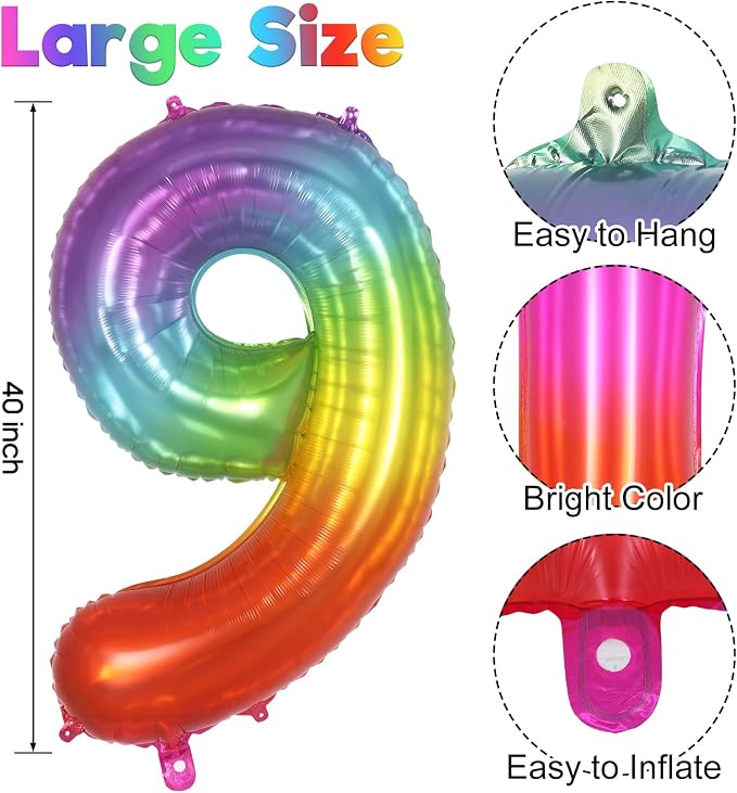 Rainbow Number 9 Balloon 40 Inch, Big Large Foil Mylar Balloon, Gradient - Image 3