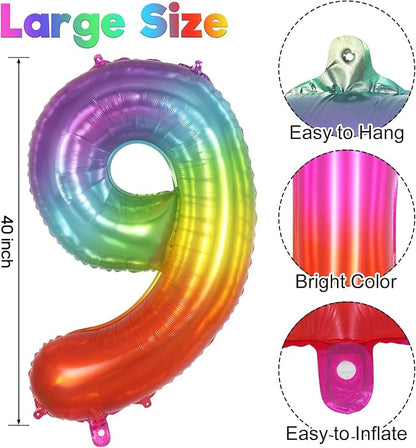Rainbow Number 9 Balloon 40 Inch, Big Large Foil Mylar Balloon, Gradient - Image 3