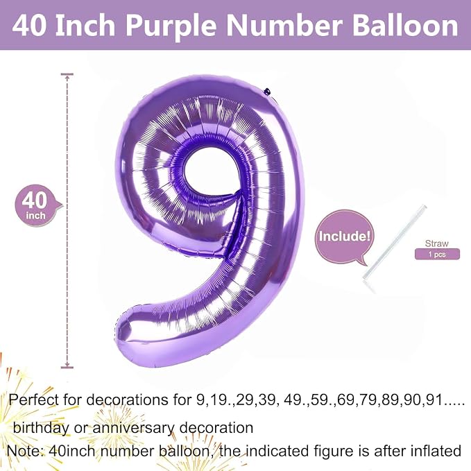 Purple Number Balloons, 40 Inch Purple Balloon 9.9 Helium Balloon 9th Birthday - Image 2