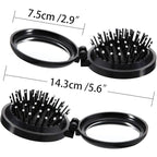 Boao 2 Pack Foldable Travel Mirror Hair Brushes Round Portable Folding Pocket Hair Brush Mini Comb Compact Travel Size Massage Comb for Men Women (Black, Purple)