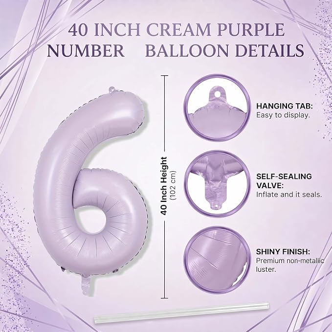Cream Purple Number 6 Balloon 40 Inch, Foil Digit - Image 4