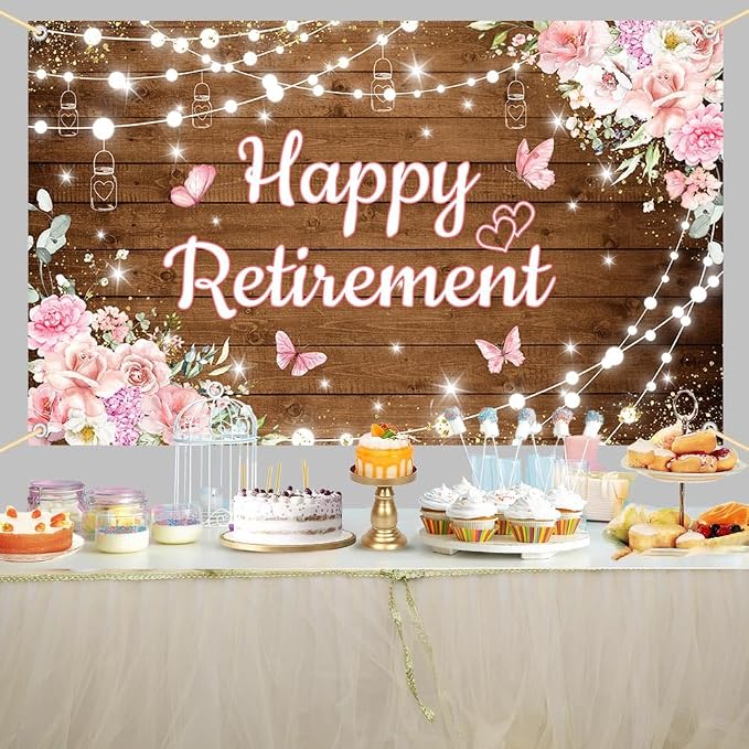AIBIIN Pink Happy Retirement Backdrop Banner Decorations - Image 6