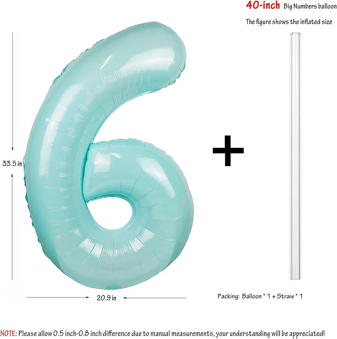Macaron Blue Number 6 Balloon 40in Large Helium Foil Polyester Film Balloon | - Image 2