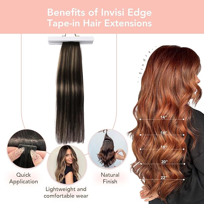 Sindra Invisi Edge Tape in Hair Extensions Human Hair, 22 Inch 60g 20pcs Dark Brown Mixed Chestnut Brown Invisible Extensions Natural Seamless Injected Tape Ins Straight