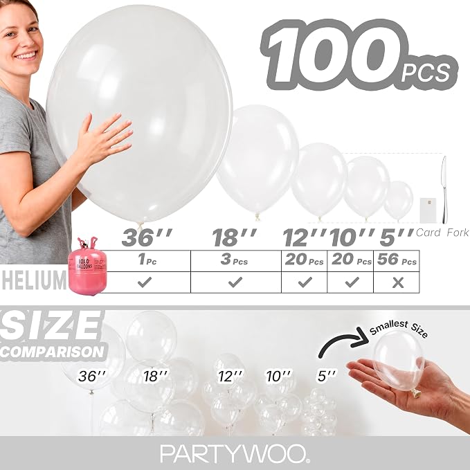 PartyWoo Clear Balloons 100pcs Different Sizes of 36 18 12 10 5 Inch | Balloons - Image 6